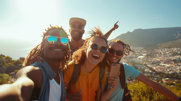 Foto un grupo de amigos tomando selfies en una vista panorámica generada por la ia