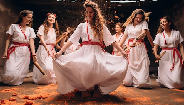 grupo de amigos vestidos con ropa blanca tradicional