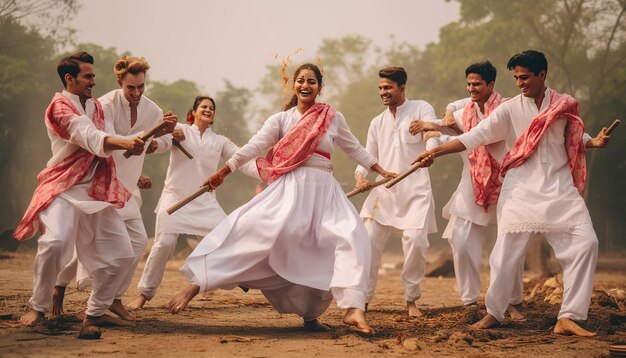 Foto grupo de amigos vestidos con ropa blanca tradicional