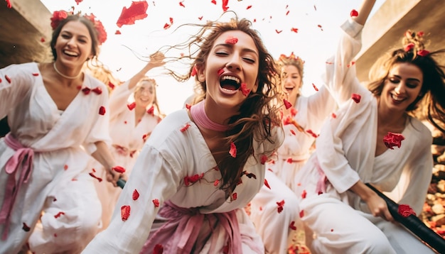 grupo de amigos vestidos con ropa blanca tradicional