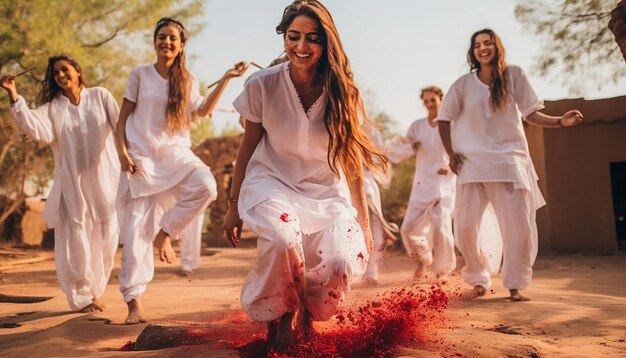 grupo de amigos vestidos con ropa blanca tradicional