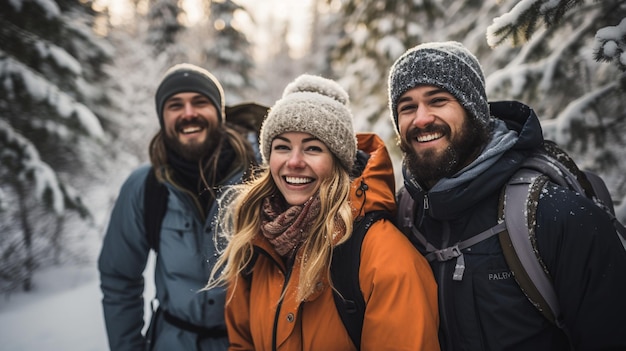 Un grupo de amigos vestidos con ropa exterior cálida disfruta de una caminata a través de un bosque cubierto de nieve.