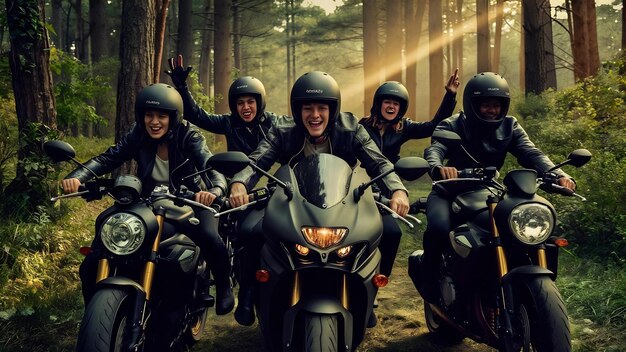 Foto un grupo de amigos viajan en motocicleta por el bosque.