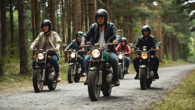 Foto un grupo de amigos viajan en motocicleta por el bosque.