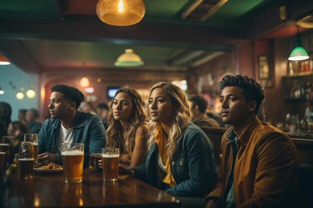 Grupo de amigos viendo un partido de fútbol en un pub