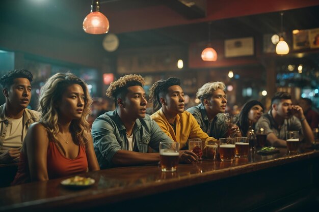 Grupo de amigos viendo un partido de fútbol en un pub