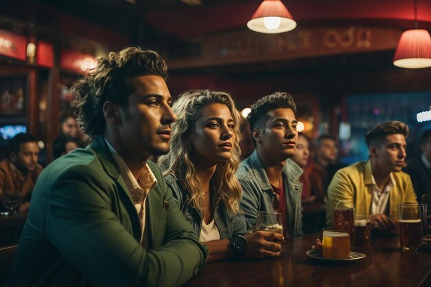 Grupo de amigos viendo un partido de fútbol en un pub