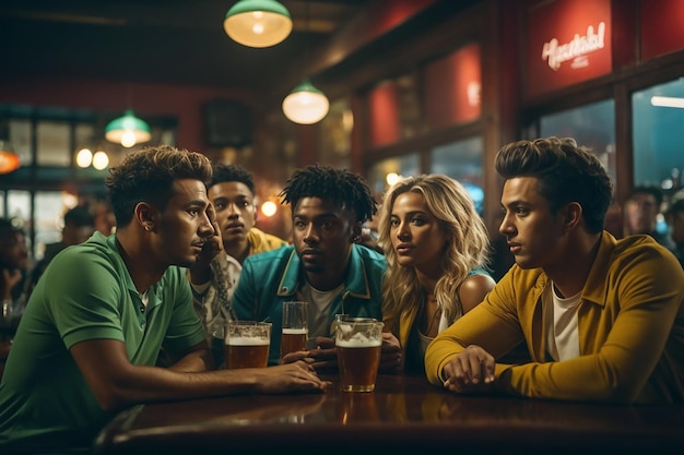 Grupo de amigos viendo un partido de fútbol en un pub