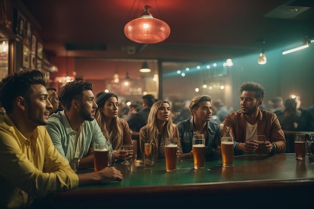 Grupo de amigos viendo un partido de fútbol en un pub
