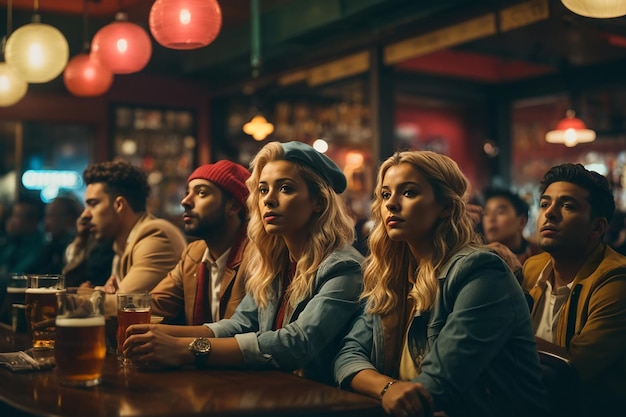 Grupo de amigos viendo un partido de fútbol en un pub
