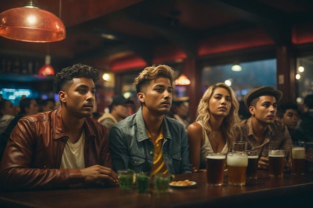 Grupo de amigos viendo un partido de fútbol en un pub