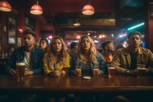 Grupo de amigos viendo un partido de fútbol en un pub