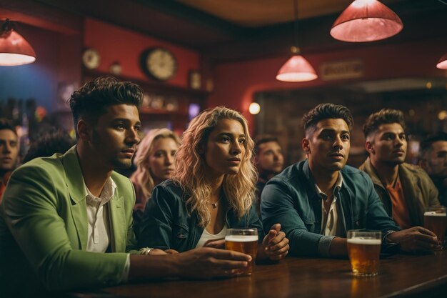 Grupo de amigos viendo un partido de fútbol en un pub