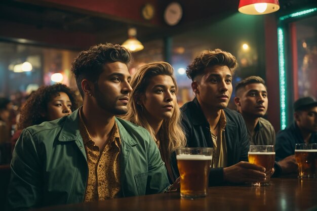 Grupo de amigos viendo un partido de fútbol en un pub