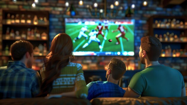 Un grupo de amigos viendo un partido de fútbol en la TV están sentados en un sofá en un bar o restaurante