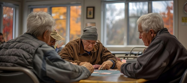 Grupo de ancianos jugando a las cartas en la casa de retiro