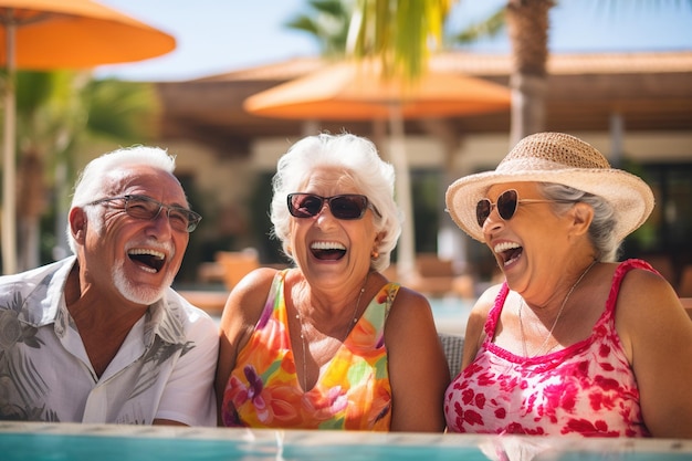 Un grupo de ancianos riendo felices junto a la piscina