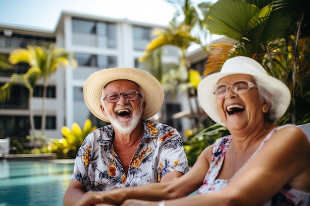 Un grupo de ancianos riendo felices junto a la piscina