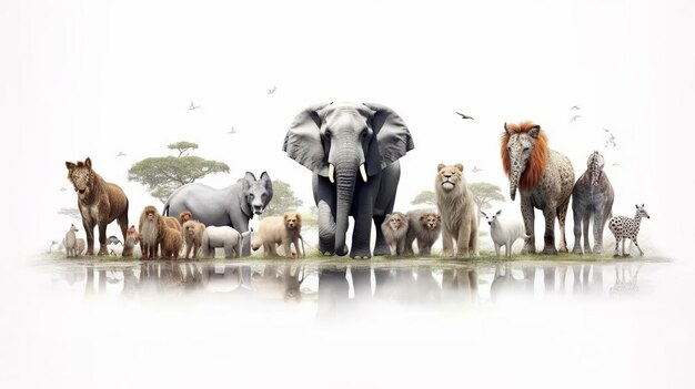 Foto grupo de animales aislados de fondo concepto de conservación de animales