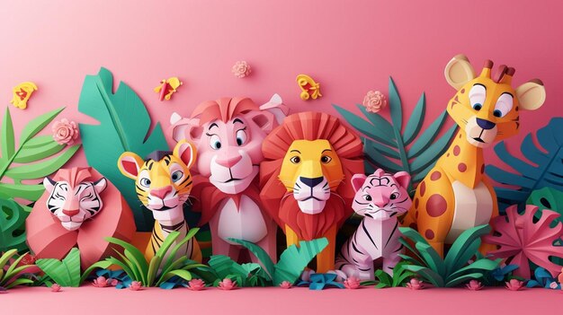 Foto un grupo de animales cortados en papel sobre un fondo rosa