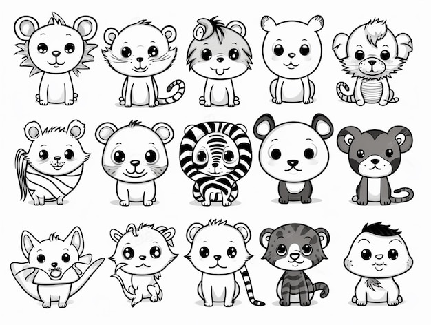 un grupo de animales de dibujos animados con diferentes expresiones y tamaños generativo ai