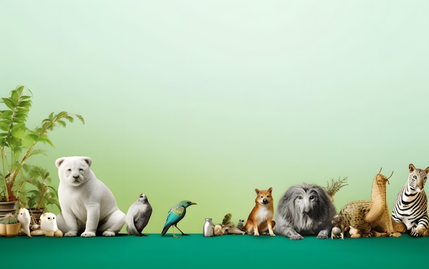 Un grupo de animales está alineado sobre un fondo verde.
