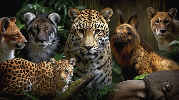 Un grupo de animales en una jungla con un tigre y un tigre.