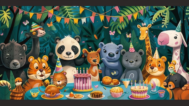 Un grupo de animales lindos están teniendo una fiesta de cumpleaños en la jungla todos están usando sombreros de fiesta y comiendo pastel