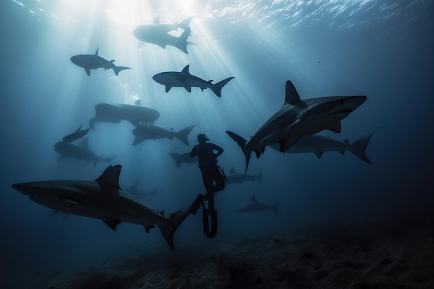 Un grupo de animales marinos bajo el agua nadando