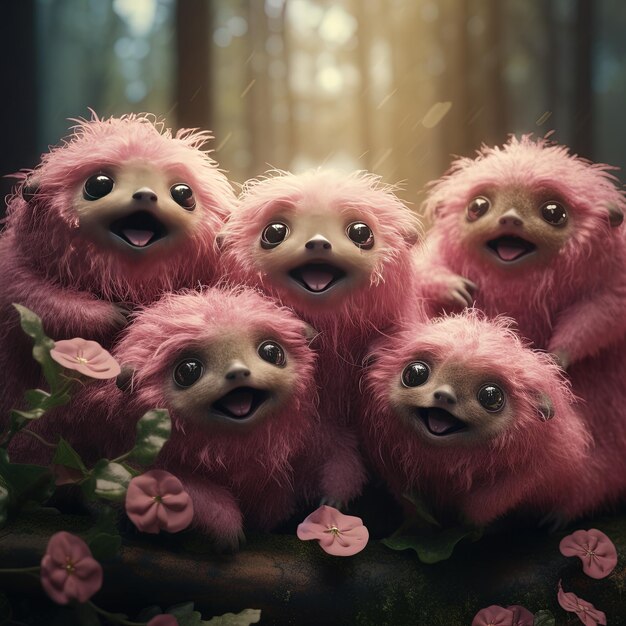 un grupo de animales de peluche rosados están sentados en una rama
