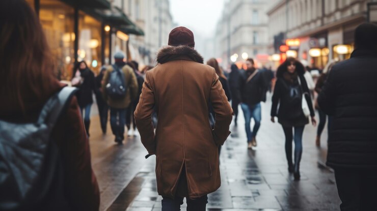 Grupo anónimo de personas caminando en una concurrida calle de la ciudad con enfoque selectivo