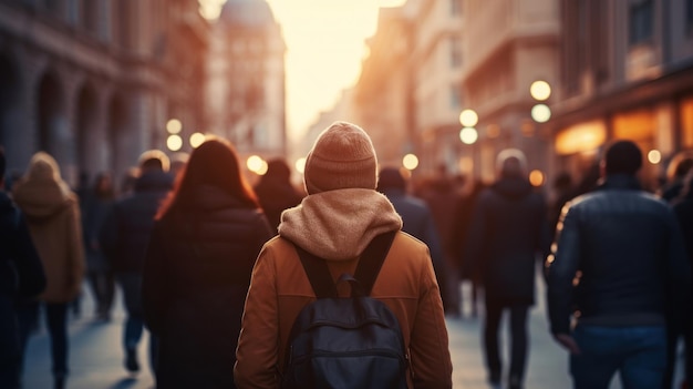 Grupo anónimo de personas caminando en una concurrida calle de la ciudad con enfoque selectivo