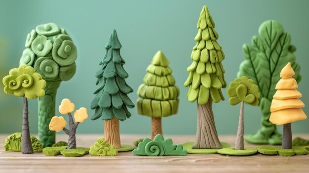 Un grupo de árboles de arcilla que varían en tamaño y forma, perfectos para construir un bosque en stop motion.