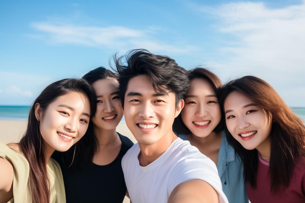 Grupo asiático de amigos sonriendo posando para una foto con cielo azul y fondo natural generado por IA