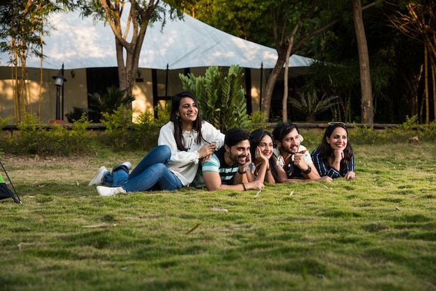 Foto grupo asiático indio de amigos recostados sobre la hierba con la barbilla en las manos, mirando a la cámara