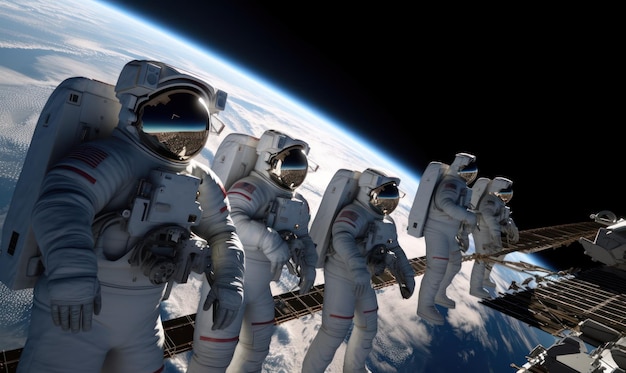 Un grupo de astronautas se alinean en el espacio.