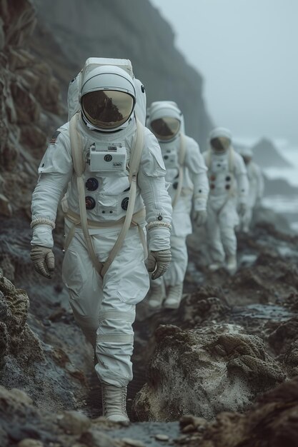 un grupo de astronautas caminando sobre rocas