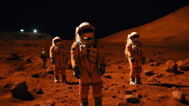 Un grupo de astronautas se paran en un planeta rojo.