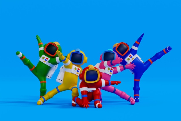 Grupo de astronautas posando como equipo de superhéroes en diferentes poses ciencia espacio descubrimiento 3D render