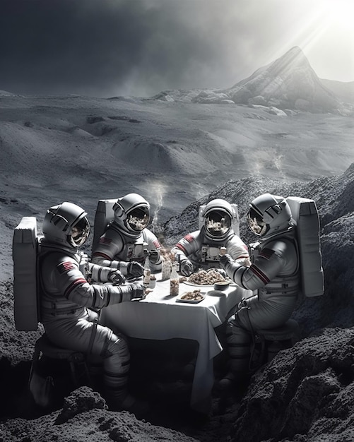 Foto un grupo de astronautas está sentado alrededor de una mesa con una mesa llena de comida.