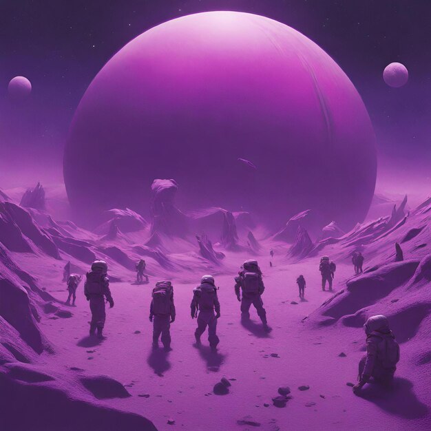 Foto el grupo está atrapado en el planeta púrpura.