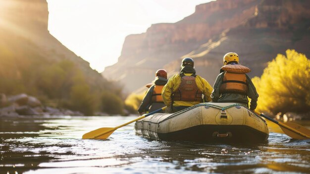 Foto un grupo de aventureros en un viaje de varios días en rafting fluvial