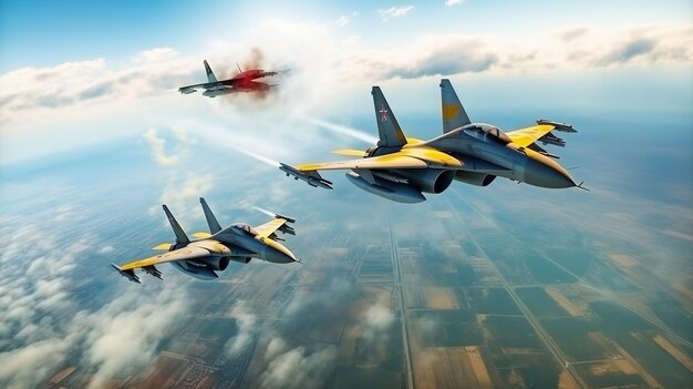 Foto un grupo de aviones de combate volando en el cielo sobre una ciudad.