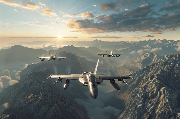 un grupo de aviones de combate volando en formación sobre una cordillera