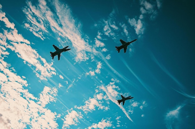 un grupo de aviones de combate volando a través de un cielo azul