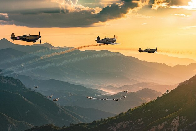 un grupo de aviones volando en el cielo con el sol detrás de ellos