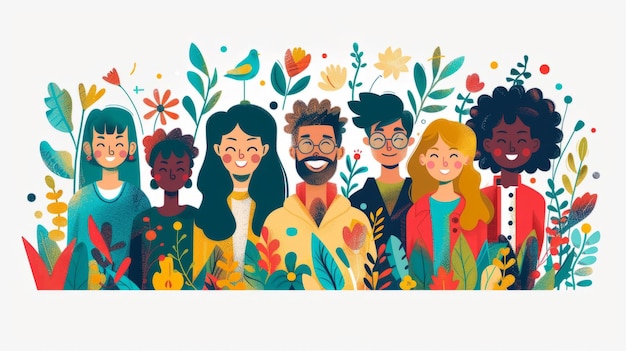 Foto grupo ba de personas diversas con flores y hojas en el fondo