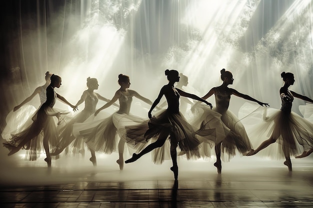 Foto un grupo de bailarinas están bailando en la oscuridad