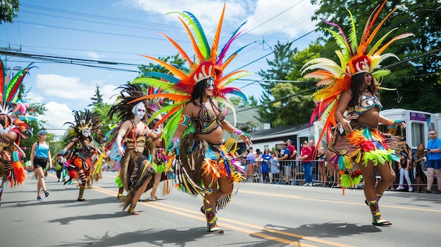 Un grupo de bailarines con coloridos trajes de plumas realizan una danza tradicional durante un desfile