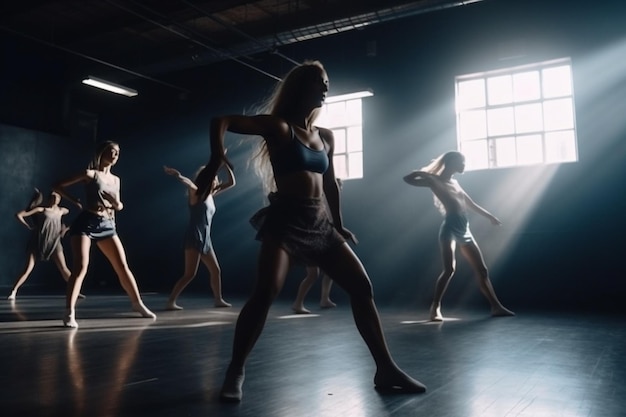 Un grupo de bailarines en una habitación oscura con luz que entra por las ventanas.